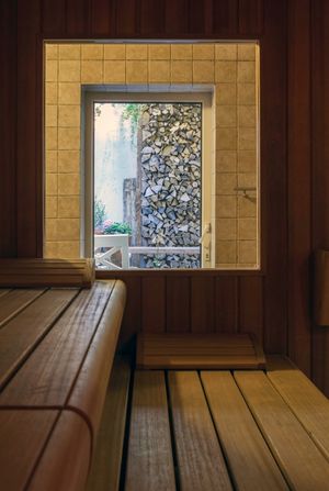 Blick aus der Innensauna